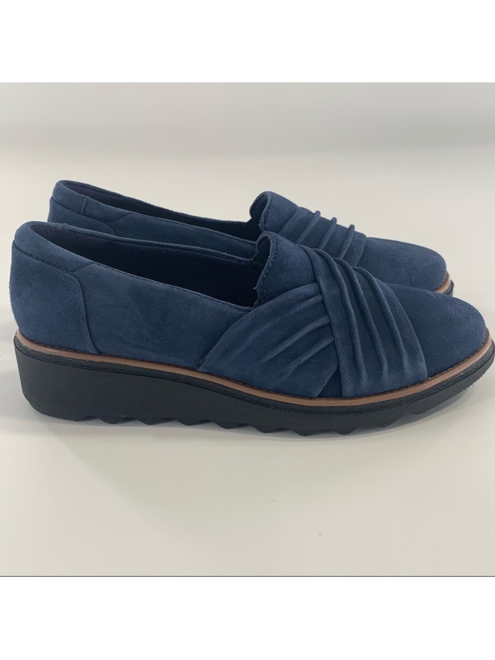 Clarks Navy Suede Pleated Slip-On Loafers
